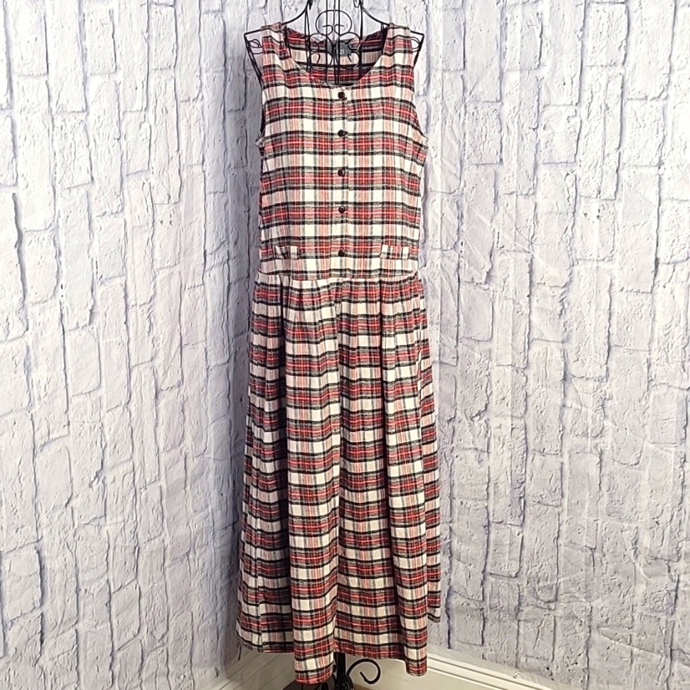 FRITZI 1/2 Button Front‎ and Back Plaid Jumper Dress Chest 37 in. Length 49 in.